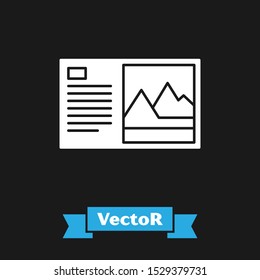 White Postcard icon isolated on black background.  Vector Illustration