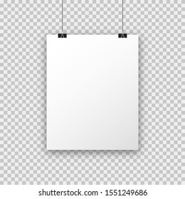 White poster a4 hanging on binder. Poster on transparent background with realistic shadow. Paper mock up. White empty. Realistic isolated vector mockup. Photo frame mockup. EPS 10