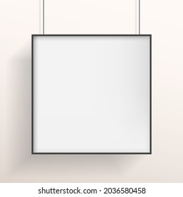 White poster or bilboard with black frame hanging on white wall