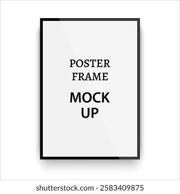 White poster with black frame mockup on white wall with shadow. Framed picture template. Photoframe mockup. Vertical boarder. Design for prints poster. Vector  illustration