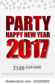 white poster design for New Year's party in 2017 .. flyer template with red abstract polygonal text and snowflakes. Vector illustration