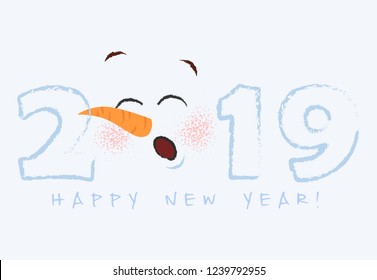 White poster design with snowman face. Inscription of date with singing snowman face instead of zero number on white background. Can be used for postcards, invitations, greeting cards