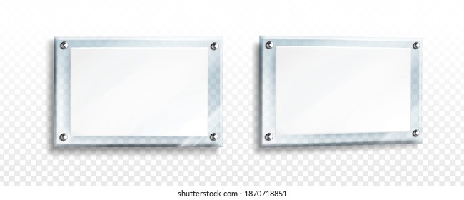 White poster in glass or acrylic frame with steel bolts in front and perspective view. Vector realistic mockup of 3d plexiglass clear board with blank sheet isolated on transparent background