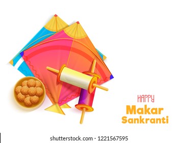 White poster or greeting card design, top view of kites, spool and Indian dessert for Happy Makar Sankranti celebration concept.