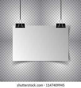 White poster hanging with binder on light transparent background. Vector illustration