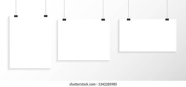 White poster hanging. Mock up empty paper blank. Vertical and horizontal template. Vector illustration