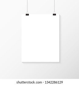 White Poster Hanging. Mock Up Empty Paper Blank. Vertical Template. Vector Illustration