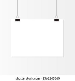 White poster hanging. Mock up empty paper blank. Vertical template. Vector illustration