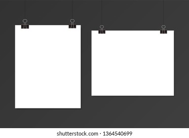 White poster hanging. Mock up empty paper blank. Vertical template. Vector illustration