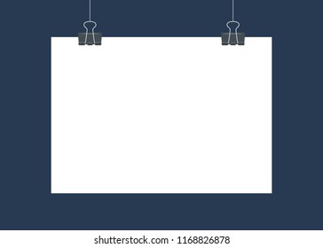 White poster hanging on binder. Empty white vector horizontal poster template. Poster mockup. Template of blank vector poster. Mock up hanging on wall. Frame for paper sheet. A4, A3, A2, A1