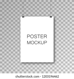 White poster hanging on binder. Transparent background with mock up empty paper blank. Layout mockup. Vertical template sheet