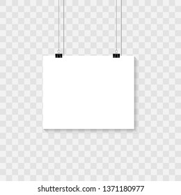 White poster hanging on binder. Transparent background with mock up empty paper blank. Vector .