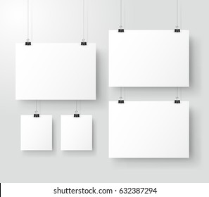 White poster hanging on binder. Grey wall with mock up empty paper blank. Layout mockup. Vertical and horizontal template sheet. Vector illustration