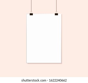 White poster mock up hanging on rope with paper clips near pale Pink color wall. Blank Canvas Mockup design template. Vector illustration. EPS 10