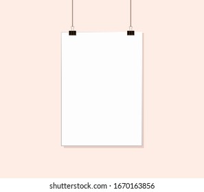 White poster mock up hanging on rope with paper clips near pale Pink color wall. Blank Canvas Mockup design template. Vector illustration. EPS 10