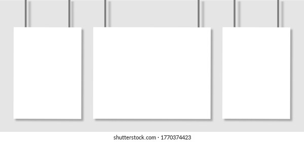 White poster mockup on grey wall. Collection Empty A4 format suspended on strings. Vector illustration eps10.