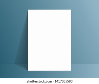 White poster mockup standing on the floor near blue wall. Blank Canvas Mockup for design. Vector illustration