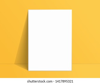 White poster mockup standing on the floor near yellow wall. Blank Canvas Mockup for design. Vector illustration