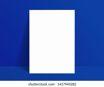 White poster mockup standing on the floor near blue wall. Blank Canvas Mockup for design. Vector illustration