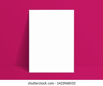 White poster mockup standing on the floor near pink color wall. Blank Canvas Mockup for design. Vector illustration