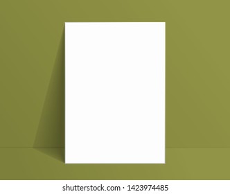 White poster mockup standing on the floor near green wall. Blank Canvas Mockup for design. Vector illustration