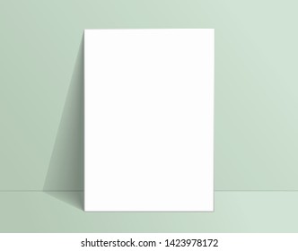 White poster mockup standing on the floor near pale green wall. Blank Canvas Mockup for design. Vector illustration
