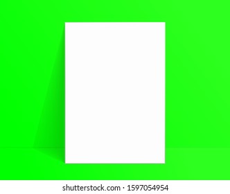 White poster mockup standing on the floor near green color wall. Blank Canvas Mockup for design. Vector