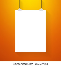 White poster on a rope. On orange wall background - Vector
