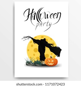 White poster with scarecrow, and pumpkins on the background of the moon with the inscription: "Helloween party"