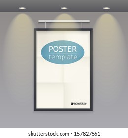 White poster template with frame on a rope, vector. Easy to edit, for your design.