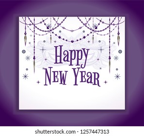 White poster with violet beads and carnival mask. Pastel colors. Celebration banner on the dark background. To be used for greeting card on party.