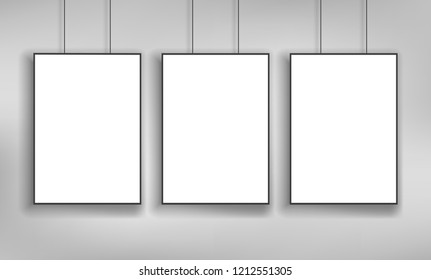 White Posters With Black Frame A4 Size Mockup Vector Template On Grey Wall