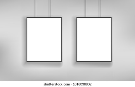 White posters with black frame mockup vector template on grey wall