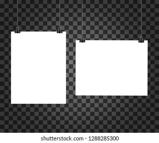 White posters hanging on binder. Grey wall with mock up empty paper blank. Vector stock illustration.