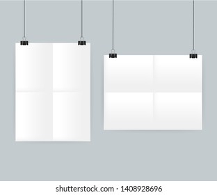 White posters hanging on binder. Grey wall with mock up empty paper blank. Vector stock illustration.