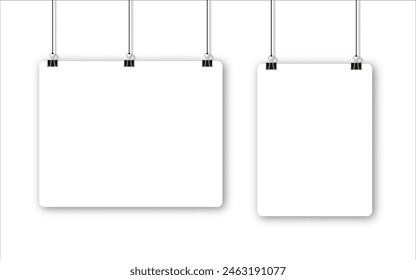 White posters hanging on binder. Grey wall with mock up. Vector