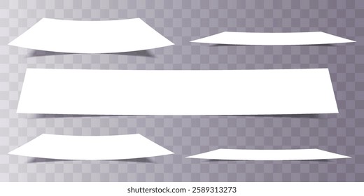 White posters, papers, banners of various shapes with shadows and curved edges. Realistic vector set.