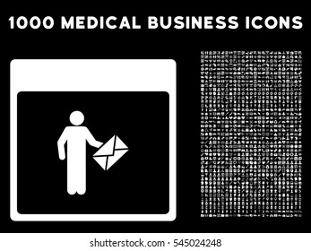 White Postman Calendar Page vector icon with 1000 medical business pictograms. Set style is flat symbols, white color, black background.