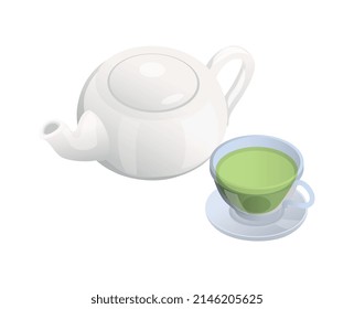 White pot and cup of green tea isometric icon vector illustration