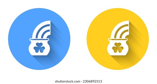 White Pot of gold with magic rainbow icon isolated with long shadow background. Happy Saint Patricks day. National Irish holiday. Circle button. Vector