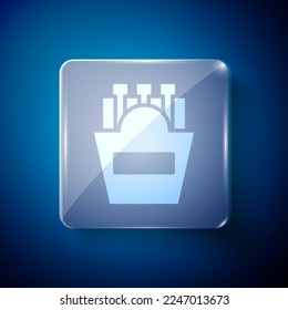 White Potatoes french fries in carton package box icon isolated on blue background. Fast food menu. Square glass panels. Vector Illustration