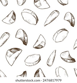 White potatoes, peeled sliced. Graphic illustration hand drawn in brown ink. Seamless pattern EPS vector on the theme of harvest cooking, food, packaging, vegetable shop design.