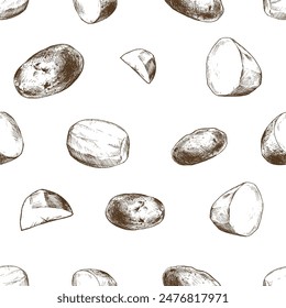 White potatoes, peeled whole tubers and slices . Graphic illustration hand drawn in brown ink. Seamless pattern EPS vector on the theme of harvest cooking, food, packaging, vegetable shop design.