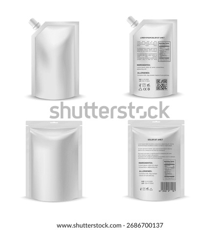 White pouch up bag with spout lid on the corner and zip bag mockup vector set. 3D foil doy-pack food or drink products flexible bag packaging. Realistic template for presentation, promo design