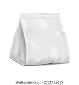 Paquete de la bolsa blanca. Maqueta de Vector 3D realista. Bolsa de papel, papel de aluminio o plástico flexible con refuerzos laterales en blanco. Maqueta. Plantilla para el diseño