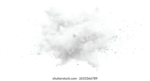 Explosión de polvo blanco, aislado sobre fondo blanco. Explosión de polvo de color de pintura blanco brillante. Abstractas textura de fondo de polvo de explosión gris y blanco.	