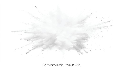 Explosão de pó branco, isolado em fundo branco. Explosão de pó de cor branca brilhante da pintura. Textura de fundo de pó de explosão cinza e branco abstrato.	