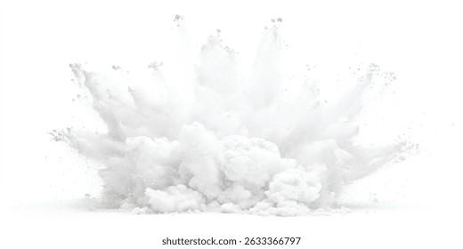 Explosión de polvo blanco, aislado sobre fondo blanco. Explosión de polvo de color de pintura blanco brillante. Abstractas textura de fondo de polvo de explosión gris y blanco.	