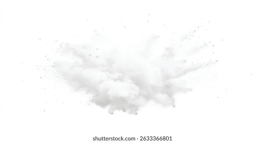 Explosão de pó branco, isolado em fundo branco. Explosão de pó de cor branca brilhante da pintura. Textura de fundo de pó de explosão cinza e branco abstrato.	
