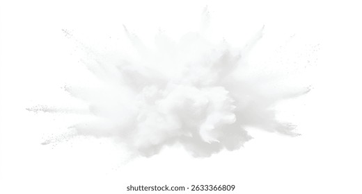 White powder explosion, isolated on white background. Bright white paint color powder explosion. Abstract gray and white explosion powder background texture.	